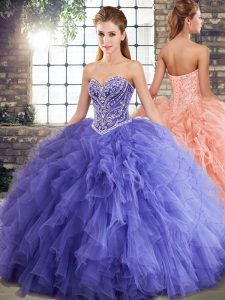 Comfortable Beading and Ruffles Quinceanera Dresses Lavender Lace Up Sleeveless Floor Length