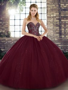 Admirable Burgundy Lace Up Sweetheart Beading Sweet 16 Quinceanera Dress Tulle Sleeveless