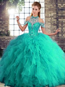 Custom Made Turquoise Lace Up Halter Top Beading and Ruffles Sweet 16 Quinceanera Dress Tulle Sleeveless