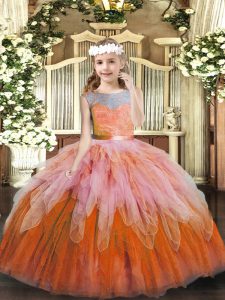 Hot Sale Multi-color Tulle Lace Up Scoop Sleeveless Floor Length Pageant Gowns Lace and Ruffles