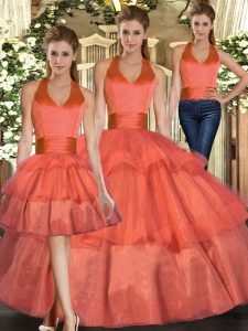 Decent Floor Length Orange Sweet 16 Quinceanera Dress Organza Sleeveless Ruffled Layers