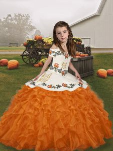 Top Selling Orange Little Girl Pageant Gowns Party and Military Ball and Wedding Party with Embroidery and Ruffles Straps Sleeveless Lace Up