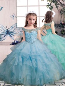 Floor Length Lace Up Pageant Gowns For Girls Light Blue for Party and Military Ball and Wedding Party with Beading and Ruffles