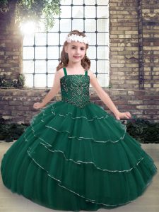 Elegant Peacock Green Sleeveless Floor Length Beading Lace Up Pageant Gowns For Girls