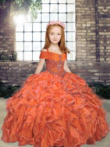 Unique Orange Lace Up Child Pageant Dress Beading Sleeveless Floor Length