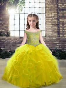 Off The Shoulder Sleeveless Lace Up Pageant Dress Toddler Olive Green Tulle