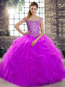 Purple Quinceanera Dress Military Ball and Sweet 16 and Quinceanera with Beading and Ruffles Off The Shoulder Sleeveless Brush Train Lace Up