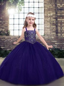 Custom Design Tulle Straps Sleeveless Lace Up Beading Little Girls Pageant Dress in Purple