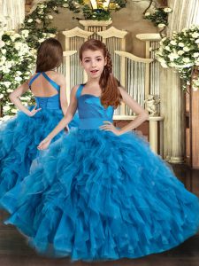 Stylish Blue Girls Pageant Dresses Party and Sweet 16 and Wedding Party with Ruffles Straps Sleeveless Lace Up