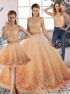 Exquisite Peach Backless Scalloped Lace Vestidos de Quinceanera Tulle Sleeveless Sweep Train