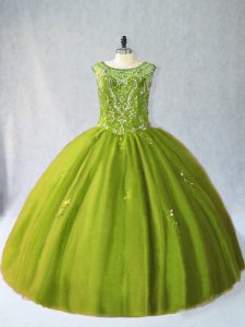 Floor Length Olive Green Quince Ball Gowns Tulle Sleeveless Beading