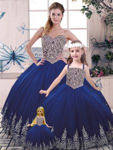 Sleeveless Tulle Floor Length Lace Up 15 Quinceanera Dress in Royal Blue with Beading and Appliques