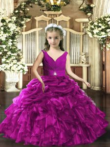 Floor Length Backless Little Girls Pageant Dress Purple for Party and Sweet 16 and Wedding Party with Beading and Ruffles and Ruching