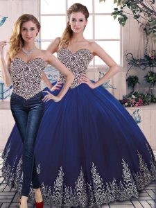 Most Popular Royal Blue Tulle Lace Up Sweet 16 Quinceanera Dress Sleeveless Floor Length Beading and Embroidery