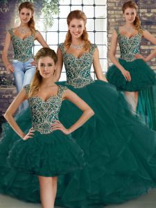 Floor Length Lace Up Sweet 16 Dresses Peacock Green for Military Ball and Sweet 16 and Quinceanera with Beading and Ruffles