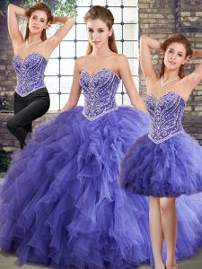 Ideal Floor Length Lace Up 15 Quinceanera Dress Lavender for Military Ball and Sweet 16 and Quinceanera with Beading and Ruffles