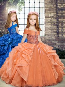 Orange Ball Gowns Beading and Ruffles Kids Pageant Dress Lace Up Organza Sleeveless Floor Length