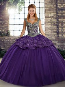 Inexpensive Sleeveless Tulle Floor Length Lace Up Sweet 16 Quinceanera Dress in Purple with Beading and Appliques