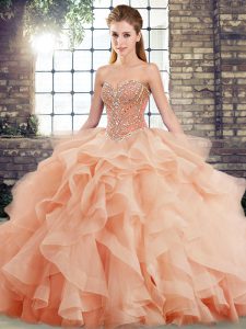 Sweet Sleeveless Beading and Ruffles Lace Up Quinceanera Dresses with Peach Brush Train