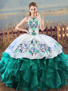 Floor Length Turquoise Ball Gown Prom Dress Halter Top Sleeveless Lace Up