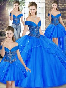 Royal Blue Off The Shoulder Neckline Beading and Ruffles Quinceanera Dress Sleeveless Lace Up