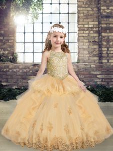 Cheap Sleeveless Lace Up Floor Length Appliques Kids Pageant Dress