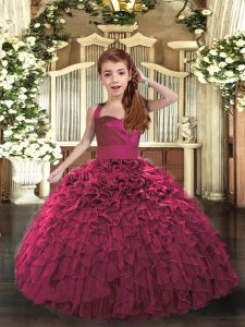 Fuchsia Lace Up Girls Pageant Dresses Ruffles Sleeveless Floor Length