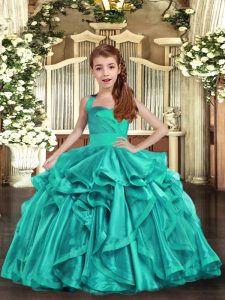 Hot Selling Aqua Blue Ball Gowns Organza Straps Sleeveless Ruffles Floor Length Lace Up Pageant Gowns For Girls