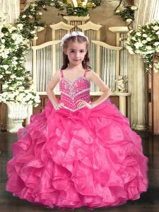 High Class Hot Pink Straps Neckline Beading and Ruffles Little Girl Pageant Dress Sleeveless Lace Up