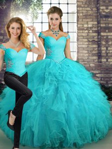 Off The Shoulder Sleeveless Tulle Quince Ball Gowns Beading and Ruffles Lace Up