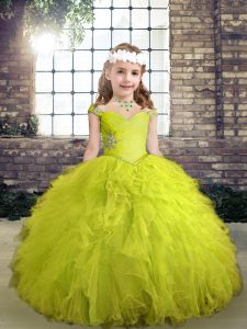 Yellow Green Girls Pageant Dresses Party and Wedding Party with Beading and Ruffles Straps Sleeveless Lace Up