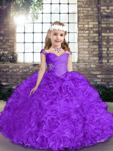 Purple Sleeveless Fabric With Rolling Flowers Lace Up Pageant Dress for Party and Wedding Party