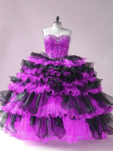 Black And Purple Sleeveless Beading and Ruffled Layers Floor Length Quinceanera Dresses