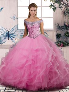 Lovely Off The Shoulder Sleeveless Sweet 16 Dress Floor Length Beading and Ruffles Rose Pink Tulle
