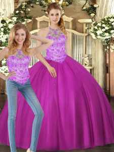 Beautiful Sleeveless Tulle Floor Length Lace Up 15 Quinceanera Dress in Fuchsia with Beading