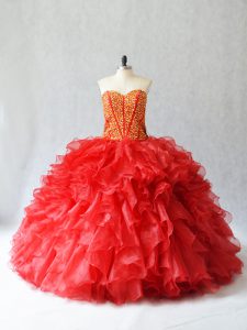 Floor Length Red Sweet 16 Quinceanera Dress Organza Sleeveless Beading and Ruffles