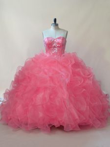Simple Sweetheart Sleeveless Ball Gown Prom Dress Floor Length Beading and Ruffles Coral Red Organza