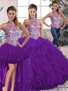 Decent Floor Length Purple Vestidos de Quinceanera Halter Top Sleeveless Lace Up