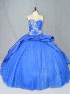 Blue Sweet 16 Dresses Tulle Court Train Sleeveless Beading and Embroidery