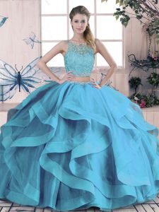 Custom Fit Blue Sweet 16 Dresses Sweet 16 and Quinceanera with Beading and Ruffles Scoop Sleeveless Lace Up
