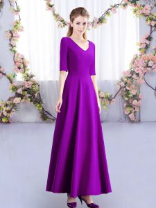 Spectacular Eggplant Purple Satin Zipper Dama Dress for Quinceanera Half Sleeves Ankle Length Ruching
