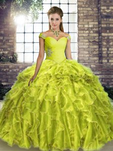 Off The Shoulder Sleeveless Brush Train Lace Up Sweet 16 Dresses Yellow Green Organza