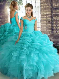 Inexpensive Floor Length Lace Up Sweet 16 Dress Aqua Blue for Military Ball and Sweet 16 and Quinceanera with Beading and Ruffles and Pick Ups