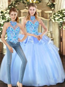Latest Blue Ball Gowns Embroidery Quinceanera Dress Lace Up Organza Sleeveless Floor Length
