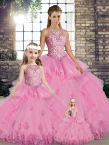 Graceful Sleeveless Floor Length Lace and Embroidery and Ruffles Lace Up Sweet 16 Dress with Rose Pink