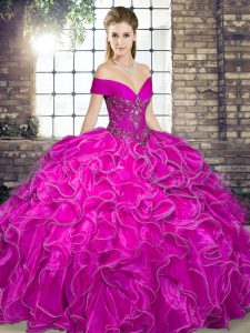 Fuchsia Lace Up Ball Gown Prom Dress Beading and Ruffles Sleeveless Floor Length