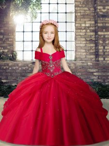 Red Ball Gowns Tulle Straps Sleeveless Beading Floor Length Lace Up Child Pageant Dress
