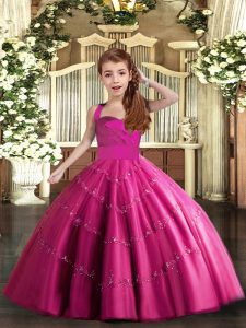 Elegant Sleeveless Floor Length Beading Lace Up Child Pageant Dress with Fuchsia