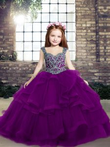 Sleeveless Lace Up Floor Length Beading Little Girls Pageant Dress