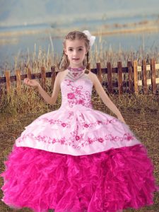 Elegant Sleeveless Lace Up Floor Length Beading and Embroidery and Ruffles Little Girls Pageant Gowns